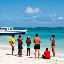 Caribbean Holidays, Martinique Scuba Diving, A friendly Martinique dive instructor briefing a small group of holidaymakers beside a beach and dive boat