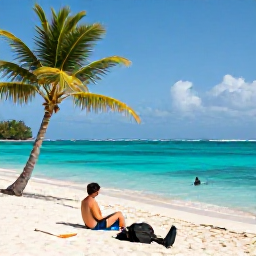 Caribbean Holidays, Martinique Scuba Diving, A relaxed Caribbean beach near a Martinique dive centre with palm trees, clear water and divers preparing equipment
