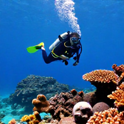 Caribbean Holidays, Martinique Scuba Diving, Clear tropical sea around Martinique with a scuba diver exploring colourful coral, volcanic rock and reef fish in warm Caribbean water