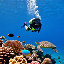 Caribbean Holidays, Martinique Scuba Diving, Divers swimming beside coral reef with angelfish, parrotfish and sea turtles in sunny Martinique waters