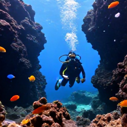 Caribbean Holidays, Martinique Scuba Diving, Experienced scuba divers exploring the Diamond Rock underwater near Martinique, with dramatic volcanic formations and schools of tropical fish