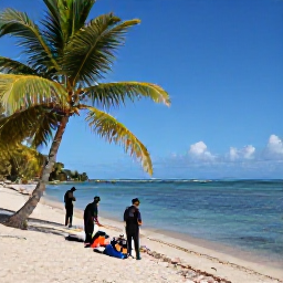 Caribbean Holidays, Martinique Scuba Diving, Friendly dive instructors preparing equipment beside a tropical beach in Martinique, with palm trees and calm Caribbean water