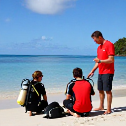 Caribbean Holidays, Martinique Scuba Diving, Friendly scuba diving instructor preparing equipment with beginner divers beside a calm sandy beach in Martinique