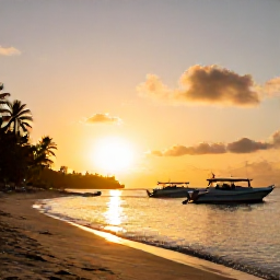 Caribbean Holidays, Martinique Scuba Diving, Golden Caribbean sunset over a Martinique beach with dive boats returning to shore and palm trees along the coastline