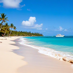 Caribbean Holidays, Martinique Scuba Diving, Relaxed Caribbean beach with dive boat, palm trees and colourful Martinique coastline in the background