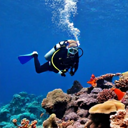 Caribbean Holidays, Martinique Scuba Diving, Scuba diver exploring clear Caribbean water above colourful coral and rocky volcanic reef off Martinique