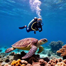 Caribbean Holidays, Martinique Scuba Diving, Scuba diver swimming beside a sea turtle over a shallow coral reef near Martinique, with sunlight filtering through clear blue water