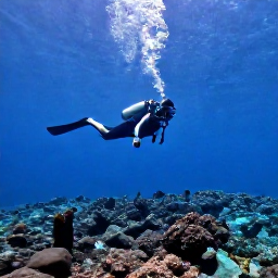 Caribbean Holidays, Martinique Scuba Diving, Scuba divers swimming over a volcanic underwater landscape near Saint-Pierre, Martinique, with sunlight filtering through blue water