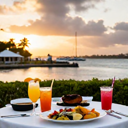 Caribbean Holidays, Martinique September, A colourful Martinique evening with Creole food, tropical drinks and soft sunset light over a harbour near an all-inclusive resort