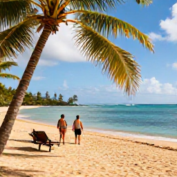 Caribbean Holidays, Martinique September, A golden sandy Martinique beach in September with calm turquoise water, shady palms and a couple enjoying a quiet walk