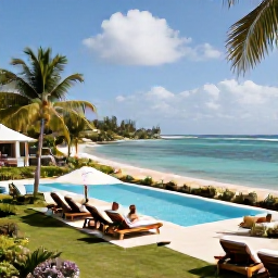 Caribbean Holidays, Martinique September, A stylish Martinique all-inclusive resort beside a calm Caribbean beach, with guests relaxing by a pool and tropical gardens surrounding the property