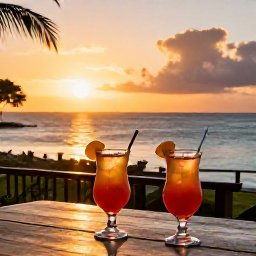 Caribbean Holidays, Martinique September, An adults-only Martinique resort terrace at sunset with two glasses of rum punch overlooking the Caribbean Sea