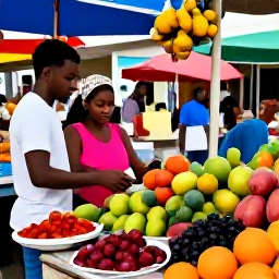 Caribbean Holidays, Martinique September Holidays, Colourful Martinique market with couples browsing tropical fruit, spices and local crafts in Fort-de-France
