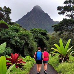 Caribbean Holidays, Martinique September Holidays, Couple hiking through lush Martinique rainforest near Mount Pel&eacute;e with tropical plants and misty mountain scenery