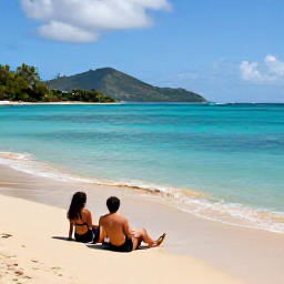 Caribbean Holidays, Martinique September Holidays, Couple relaxing on Anse Dufour beach in Martinique with turquoise sea, golden sand and green hills