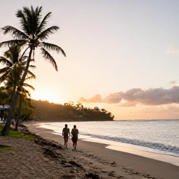Caribbean Holidays, Martinique September Holidays, Couple walking along a quiet tropical beach in Martinique at sunrise, gentle waves and palm trees