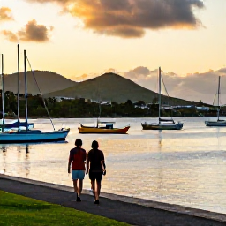Caribbean Holidays, Martinique September Holidays, Couple walking beside a quiet Martinique harbour at sunset, with colourful boats and distant green hills