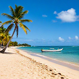 Caribbean Holidays, Martinique September Holidays, Golden sandy beach in Martinique with calm turquoise water, palm trees and a small traditional fishing boat near the shore