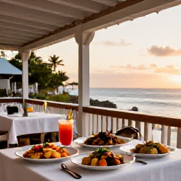 Caribbean Holidays, Martinique September Holidays, Martinique restaurant terrace at sunset with Creole dishes, tropical drinks and a relaxed local atmosphere
