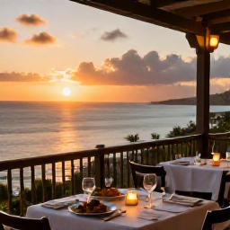 Caribbean Holidays, Martinique September Holidays, Romantic Martinique restaurant terrace at sunset with Creole dishes, candles and views over the Caribbean Sea