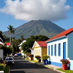 Caribbean Holidays, Martinique September Holidays, Visitors exploring a traditional Martinique village street with colourful Creole houses, tropical plants and Mount Pel&eacute;e in the distance