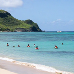 Caribbean Holidays, Martinique September, Visitors swimming and snorkelling in clear Caribbean water near a quiet Martinique beach, with green hills and a small fishing boat in the distance