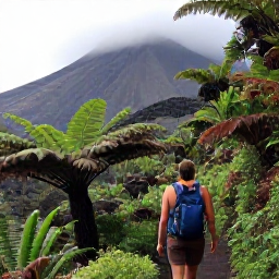 Caribbean Holidays, Martinique Solo Holidays, A guided solo hiker on a lush Martinique rainforest trail beneath Mount Pel&eacute;e, with ferns, tropical vegetation and misty volcanic slopes