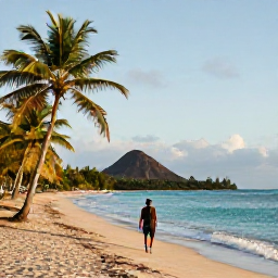 Caribbean Holidays, Martinique Solo Holidays, A lone traveller walking along a quiet palm-fringed beach in Martinique at sunrise, with turquoise water and volcanic hills in the distance