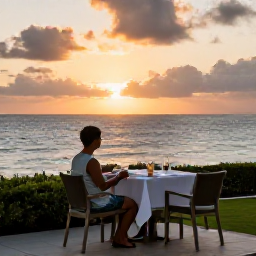 Caribbean Holidays, Martinique Solo Holidays, A peaceful Martinique resort terrace with a solo traveller enjoying dinner at sunset beside the Caribbean Sea