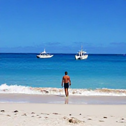 Caribbean Holidays, Martinique Solo Holidays, A quiet sandy beach near Les Anses-d&rsquo;Arlet in Martinique, with a lone snorkeller, fishing boats and clear blue Caribbean sea
