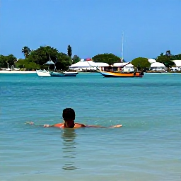 Caribbean Holidays, Martinique Solo Holidays, A solo holidaymaker swimming in a calm turquoise bay near Les Anses-d'Arlet in Martinique, with colourful fishing boats and a small village nearby