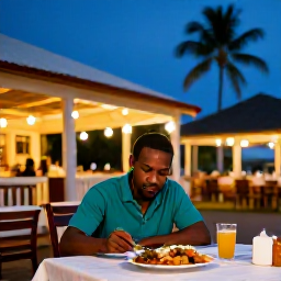 Caribbean Holidays, Martinique Solo Holidays, A solo traveller dining at an outdoor restaurant in Martinique at dusk, with Creole food, tropical surroundings and warm evening lights