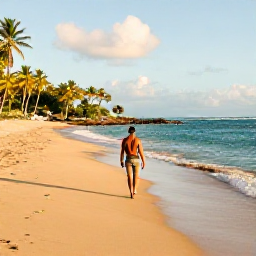 Caribbean Holidays, Martinique Solo Holidays, A solo traveller enjoying a quiet golden beach in Martinique in February, with turquoise water, palm trees and warm sunshine