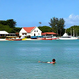 Caribbean Holidays, Martinique Solo Holidays, A solo traveller swimming in a calm turquoise cove near Les Anses-d&rsquo;Arlet in Martinique, with colourful boats and a village church nearby