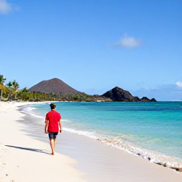 Caribbean Holidays, Martinique Solo Holidays, A solo traveller walking along a calm Martinique beach in July, with turquoise water, palm trees and volcanic hills in the distance