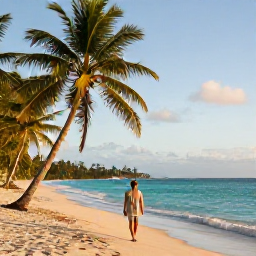 Caribbean Holidays, Martinique Solo Holidays, A solo traveller walking along a quiet Caribbean beach in Martinique at sunrise, with turquoise sea and palm trees