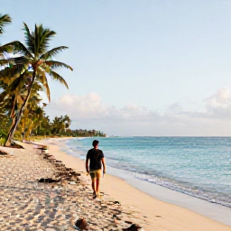 Caribbean Holidays, Martinique Solo Holidays, A solo traveller walking along a quiet sandy beach in Martinique in August, with turquoise sea, palm trees and gentle morning light