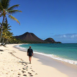 Caribbean Holidays, Martinique Solo Holidays, A solo traveller walking along a quiet tropical beach in Martinique during October, with turquoise water, palm trees and volcanic hills in the distance