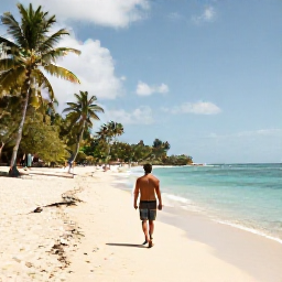 Caribbean Holidays, Martinique Solo Holidays, A solo traveller walking along a quiet tropical beach in Martinique in warm May sunshine