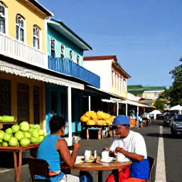 Caribbean Holidays, Martinique Solo Holidays, A solo visitor enjoying breakfast at a pavement caf&eacute; in Fort-de-France, with colourful buildings, market produce and a lively Caribbean atmosphere