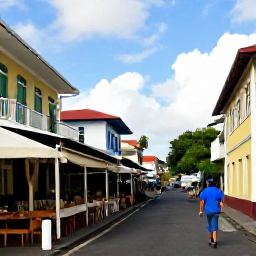 Caribbean Holidays, Martinique Solo Holidays, Colourful Fort-de-France street in February with Creole buildings, a market, outdoor caf&eacute;s and a solo visitor exploring