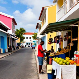 Caribbean Holidays, Martinique Solo Holidays, Colourful Fort-de-France street with a solo traveller browsing market stalls, tropical fruit and local crafts