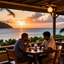 Caribbean Holidays, Martinique Solo Holidays, Friendly outdoor restaurant in Martinique at sunset, with a solo diner enjoying Creole food and a relaxed August evening