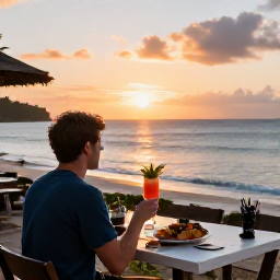 Caribbean Holidays, Martinique Solo Holidays, Martinique beachside restaurant at sunset, solo traveller enjoying Creole seafood and a tropical drink