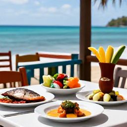 Caribbean Holidays, Martinique Solo Holidays, Outdoor dining table with Martinican Creole dishes, fresh fish and tropical fruit at a relaxed restaurant near the sea