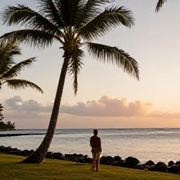 Caribbean Holidays, Martinique Solo Holidays, Peaceful Martinique coastline at golden hour, with a solo traveller looking towards the sea, palm trees and warm evening light