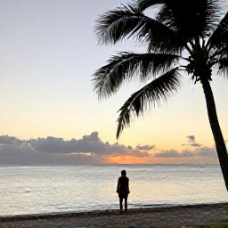 Caribbean Holidays, Martinique Solo Holidays, Relaxed solo traveller watching a Caribbean sunset from a Martinique beach, with calm sea, warm light and palm silhouettes