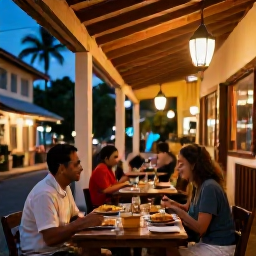 Caribbean Holidays, Martinique Solo Holidays, Solo diner eating Creole food at a welcoming open-air restaurant in Martinique at dusk, with lanterns and a tropical street atmosphere