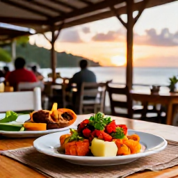 Caribbean Holidays, Martinique Solo Holidays, Solo diner enjoying Creole and French food at an outdoor restaurant in Martinique at sunset, with colourful dishes and a relaxed atmosphere