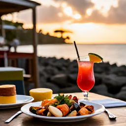 Caribbean Holidays, Martinique Solo Holidays, Solo diner enjoying Creole seafood and a colourful cocktail at a relaxed Martinique restaurant at sunset